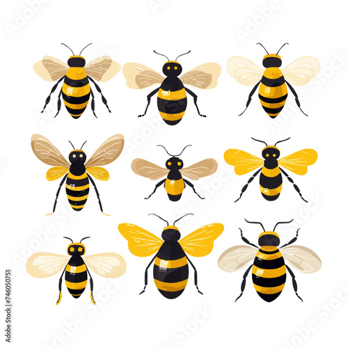 Honey bee set. Cartoon flying insects, winged honeybee, cute striped bumblebee insects flat vector illustration collection. Bee insects