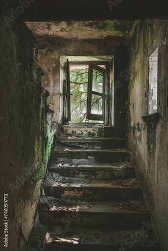 a staircase with mossy walls and a window
