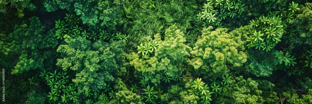Aerial view of a lush tropical forest - Overhead view of dense green tropical foliage, symbolizing nature and environmental conservation