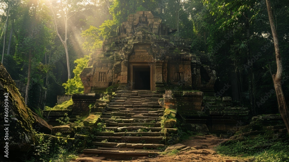 Ancient temple engulfed by the jungle - A mystical ancient temple with intricate carvings surrounded by lush forest illuminated by sunbeams Ancient temple engulfed by the jungle - A mystical ancient temple with intricate carvings surrounded by lush forest illuminated by sunbeams