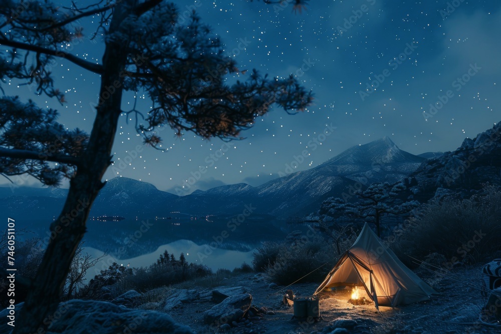 Camping under a starry sky with mountains - A tranquil night scene of a single tent glowing under a sky full of stars with snow-capped mountains