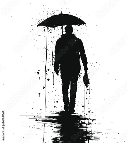 Silhouette man with umbrella during drizzle black color only