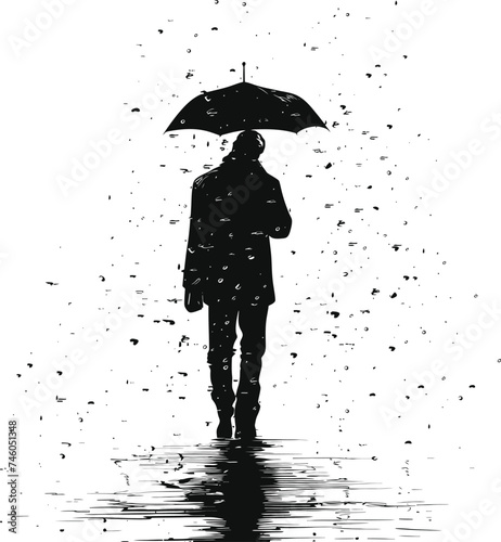 Silhouette man with umbrella during drizzle black color only