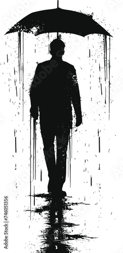 Silhouette man with umbrella during drizzle black color only