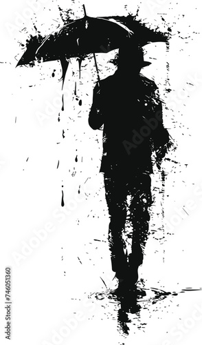 Silhouette man with umbrella during drizzle black color only