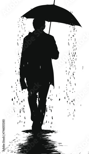 Silhouette man with umbrella during drizzle black color only
