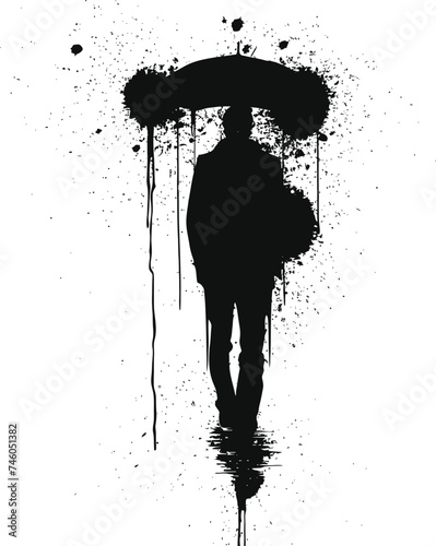 Silhouette man with umbrella during drizzle black color only