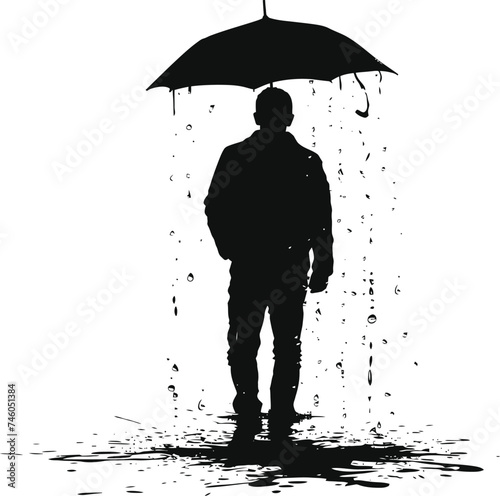 Silhouette man with umbrella during drizzle black color only