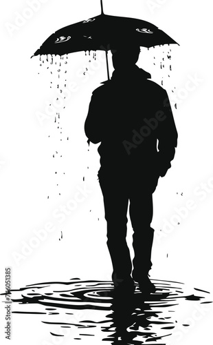 Silhouette man with umbrella during drizzle black color only