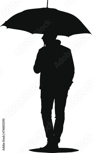 Silhouette man with umbrella during drizzle black color only