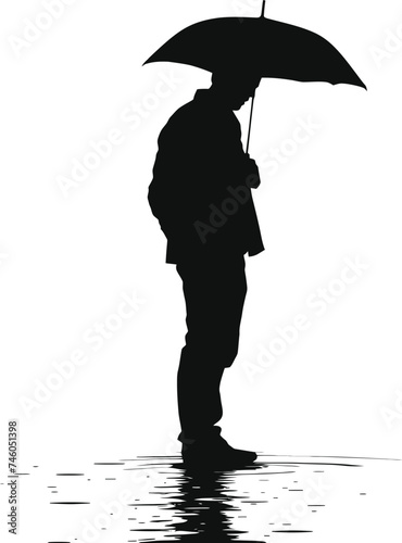 Silhouette man with umbrella during drizzle black color only