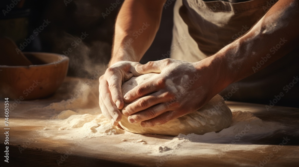 Man kneading dough on a wooden table close-up of hands.