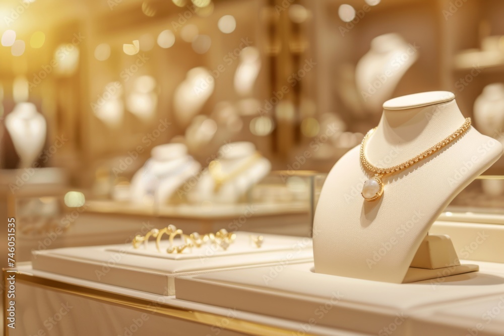 Elegant pearl necklace on display in store - Luxury jewelry showcased on a mannequin bust, in an upscale retail environment hinting at sophistication and exclusivity