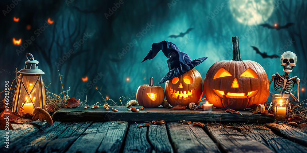 Halloween party card. Pumpkins skeleton - obrazy, fototapety, plakaty 