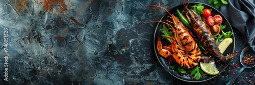 Elegant lobster dish on a dark background - An exquisitely prepared lobster lay garnished with herbs and vegetables on a chic dark backdrop