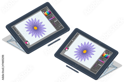 Isometric Graphic design studio. Artist drawing something on graphic tablet at the office