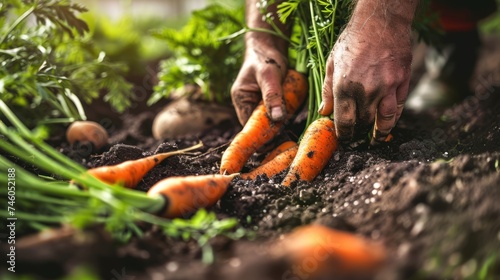 A man digs in the ground, carrots are visible in the soil. The image focuses on the hands and carrots.