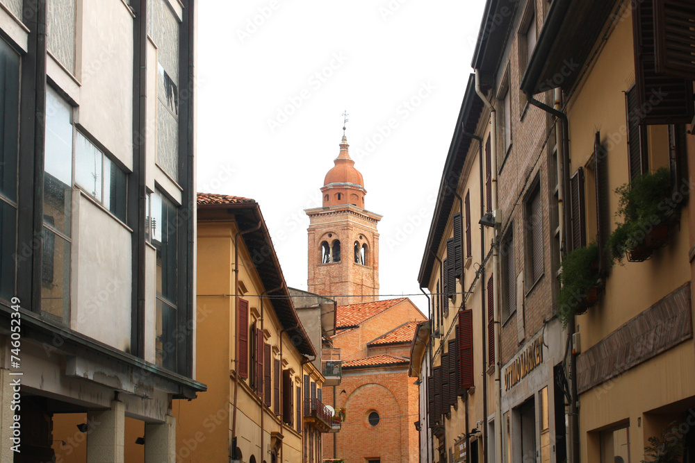 View bell tower of Malatestiano Temple from Old Town in Rimini, Italy