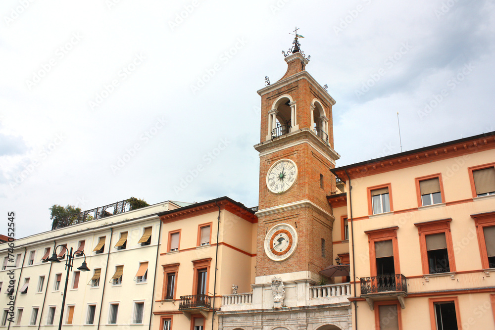 Clock Tower (or Torre dell' Orologio) at Piazza Tre Martiri in Rimini, Italy	
