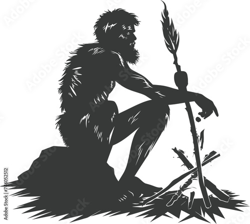 Silhouette ancient caveman in front bonfire black color only