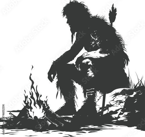 Silhouette ancient caveman in front bonfire black color only