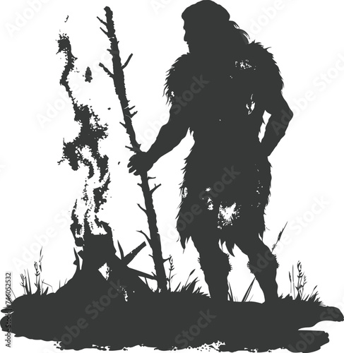 Silhouette ancient caveman in front bonfire black color only