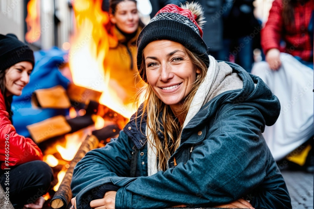 A positive woman sits outside near a campfire surrounded by other people during the protests - obrazy, fototapety, plakaty 