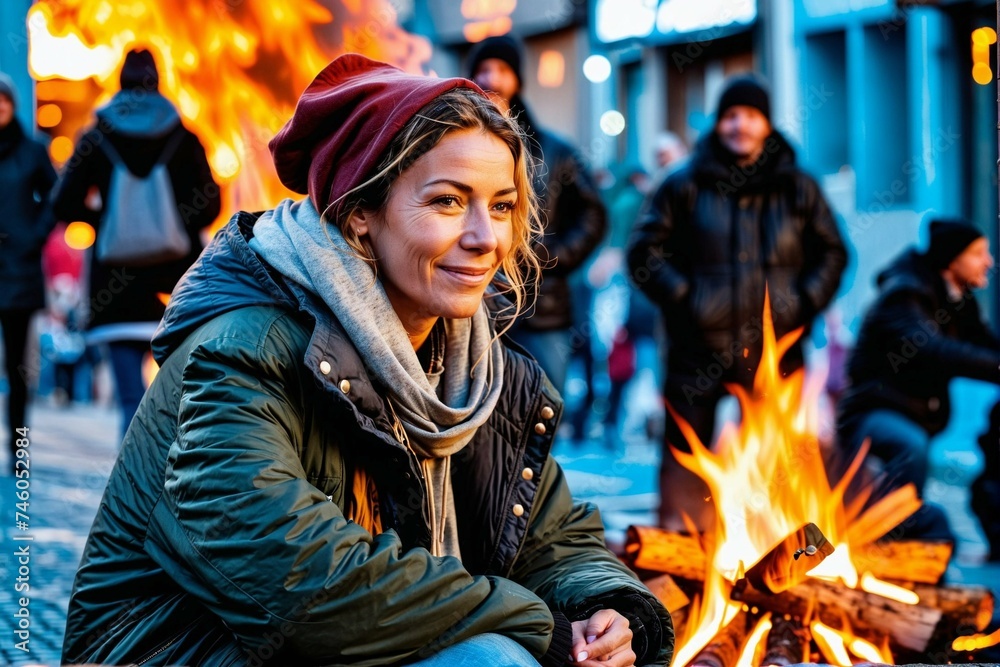 A positive woman sits outside near a campfire surrounded by other people during the protests - obrazy, fototapety, plakaty 