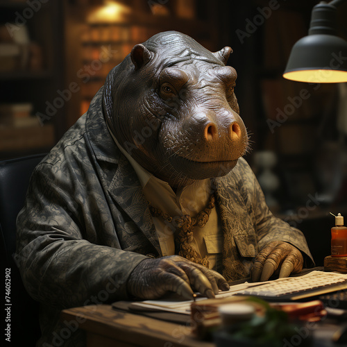 Hippopotamus with a human body in a fashionable suit sitting at the office desk.