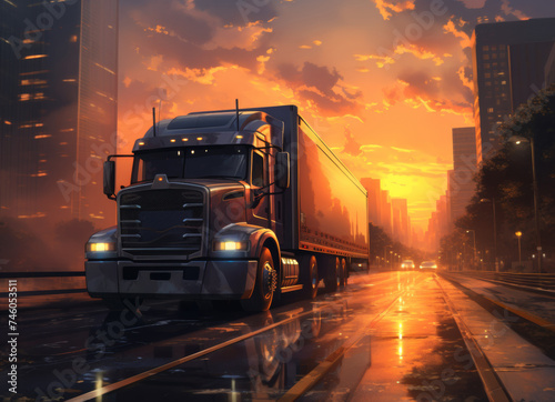 A truck on the road against the backdrop of the evening sun, transporting goods across America, generative AI