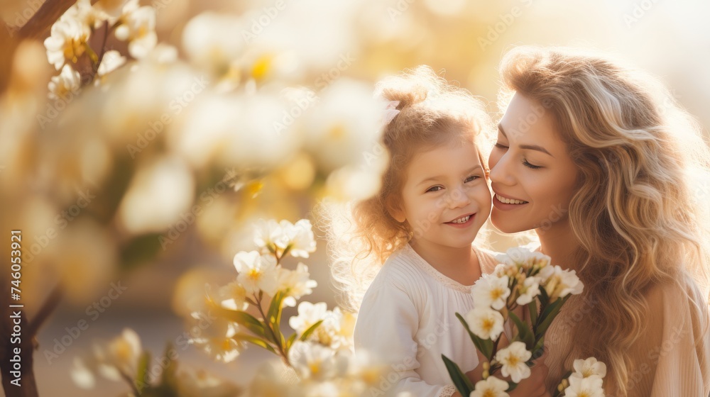 Fototapeta premium Mother and child enjoying a tender moment of reflection on a sunny day with copy space for text. Tender card for mothers day and spring