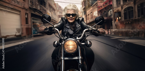 Old woman biker riding chopper motorcycle. The coolest biker grandma. Generative AI