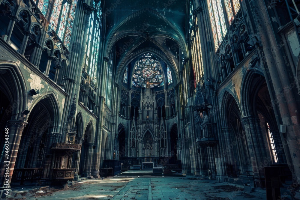 Gothic cathedral interior with sunlight - Majestic view of a gothic cathedral's interior bathed in ethereal sunlight, showcasing awe and historical grandeur