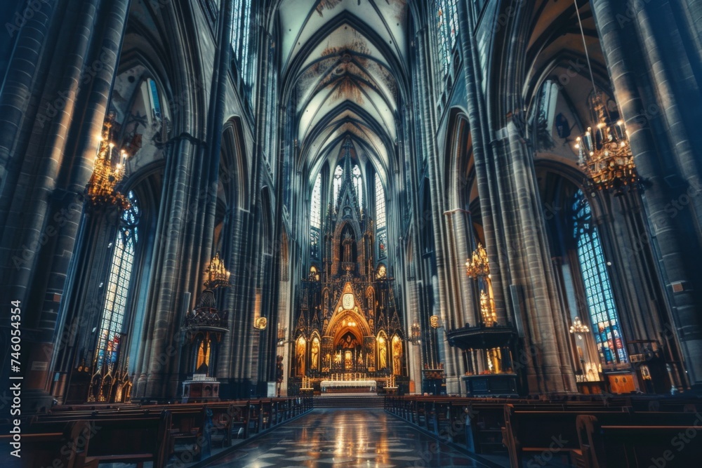 Gothic style interior of an old cathedral - Majestic cathedral interior with gothic architecture, ornate decorations, and dimmed atmospheric lighting Evokes feelings of reverence and history