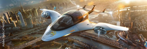 Futuristic flying car over cityscape - A sleek, white flying car soars above a bustling city during golden hour photo