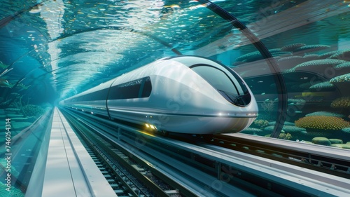 Futuristic underwater train concept - Imaginary futuristic train speeding in a glass tube underwater with marine life around, concept of innovation