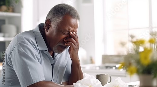 Senior black man with a pained expression pinching the bridge of his nose, surrounded by used tissues on a table in a bright room