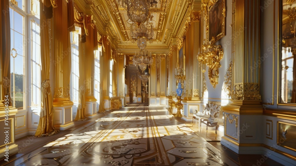 Opulent golden palace corridor - Luxuriously decorated palace hallway with grand chandeliers and golden ornaments, exuding elegance and royal history