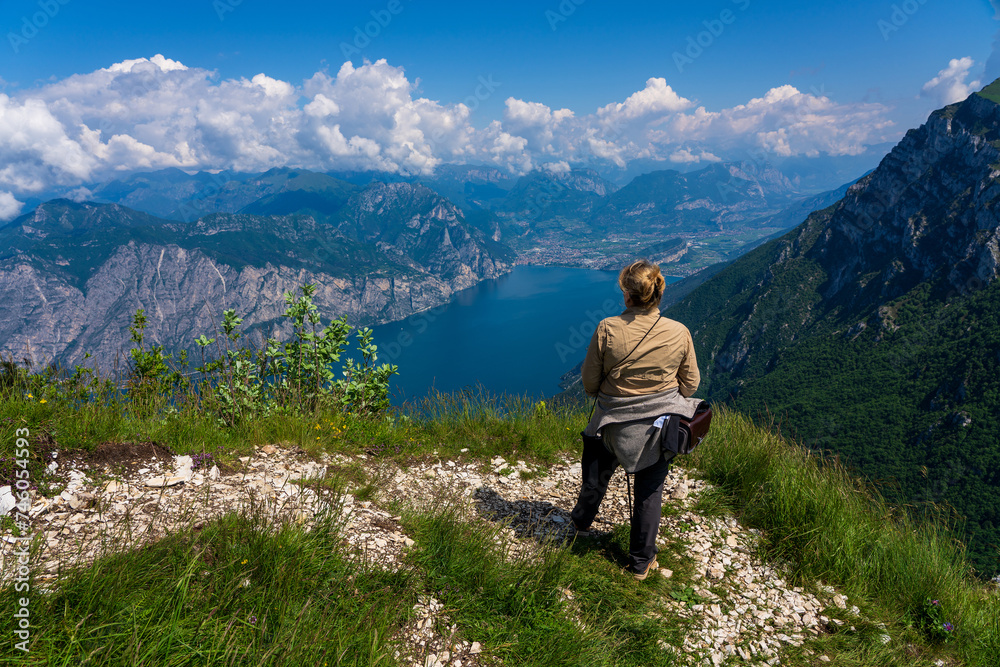 Panoramic view from Monte Baldo on Lake Garda near Malcesine in Italy.