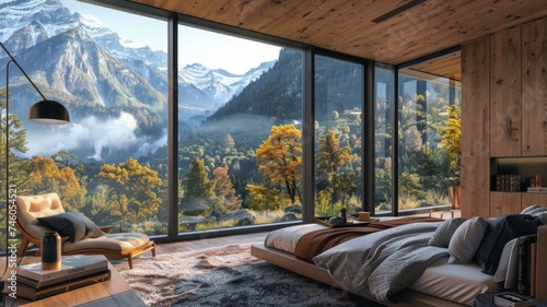 Modern bedroom with breathtaking mountain view - This contemporary wooden bedroom features large glass windows showcasing an incredible view of autumn mountains  creating a tranquil setting
