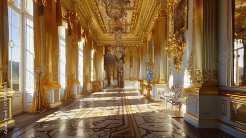 Opulent golden palace corridor - Luxuriously decorated palace hallway with grand chandeliers and golden ornaments  exuding elegance and royal history