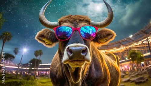 cow with colorful sunglasses  colorful sunset in background
