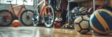 Sports gear storage in a garage - A neat arrangement of different sports equipment stored in a home garage showing an active lifestyle