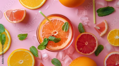Glass of juice made of citrus slices with mint leaves and a straw on light pink background. Citrus juice concept