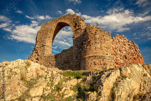 Ruins of the old aqueduct of Alcaraz, Albacete, Castilla la Mancha, Spain, with its large pointed arch