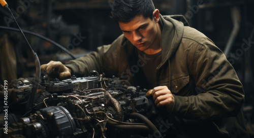 An experienced mechanic repairs an engine in the garage, generative AI