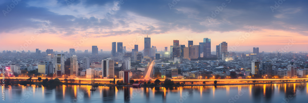 Gleaming Dusk View of Hanoi City Skyline Vibrant Architectural Marvels & Bustling Streets