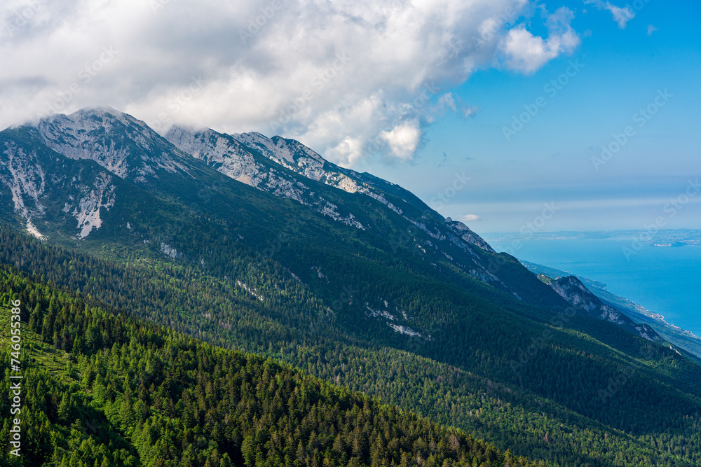 Panoramic view of the Monte Baldo mountains on Lake Garda in Italy.