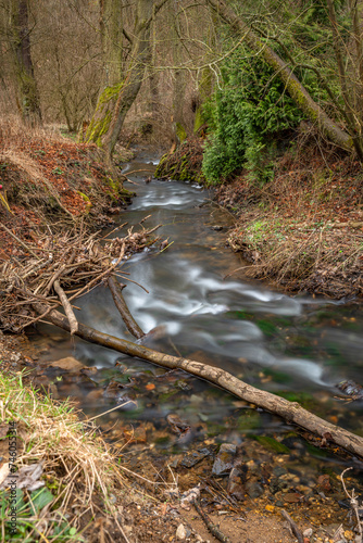 Uneticky creek with flooded water in winter spring evening in Prague photo