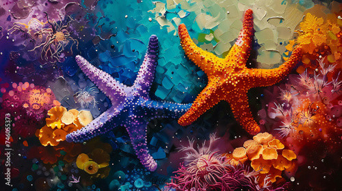 Colorful sea stars resting on a vibrant coral © fisher